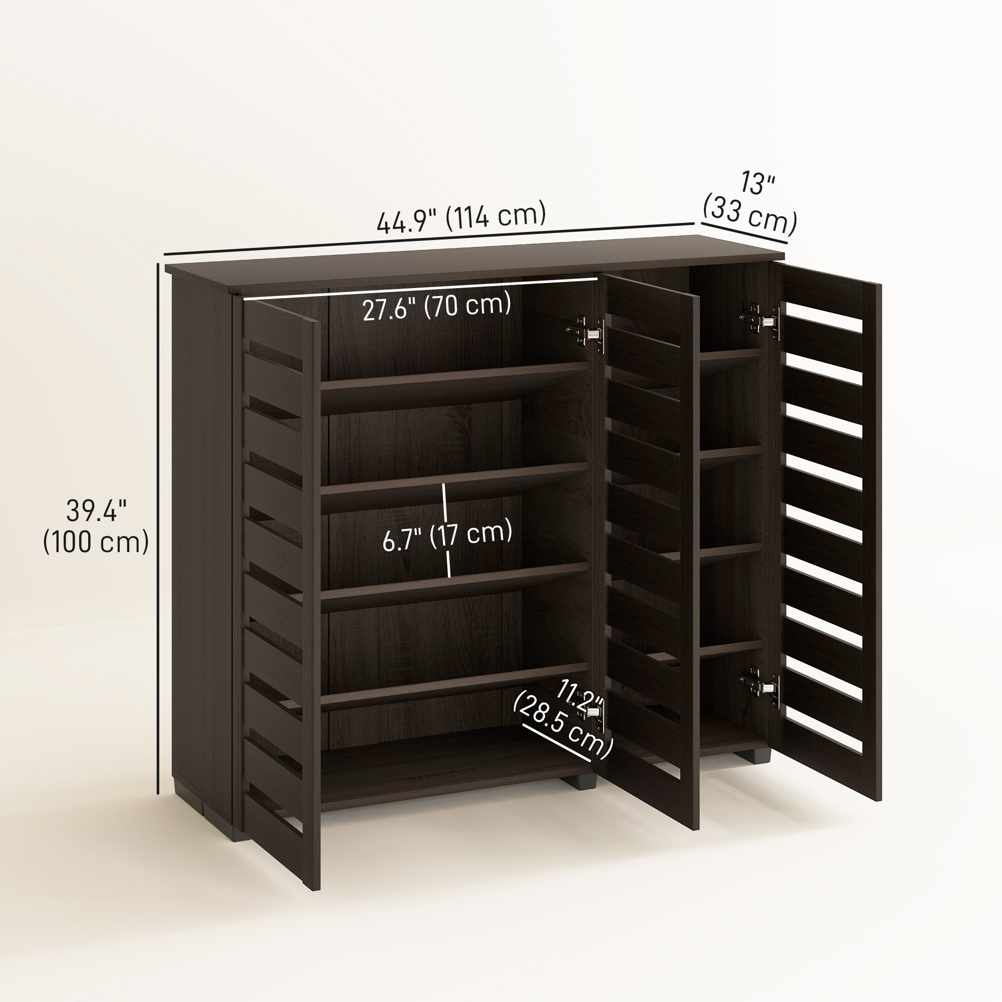 Narrow Shoe Cabinet - 20 Pair Dark Brown Slatted Doors-DECOROLALA