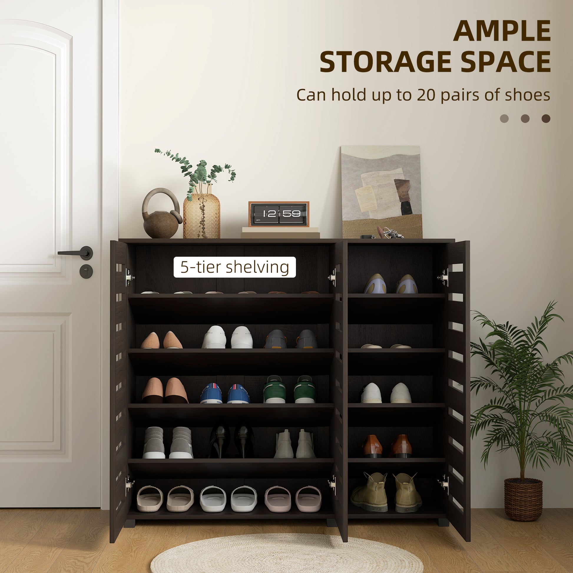 Narrow Shoe Cabinet - 20 Pair Dark Brown Slatted Doors-DECOROLALA