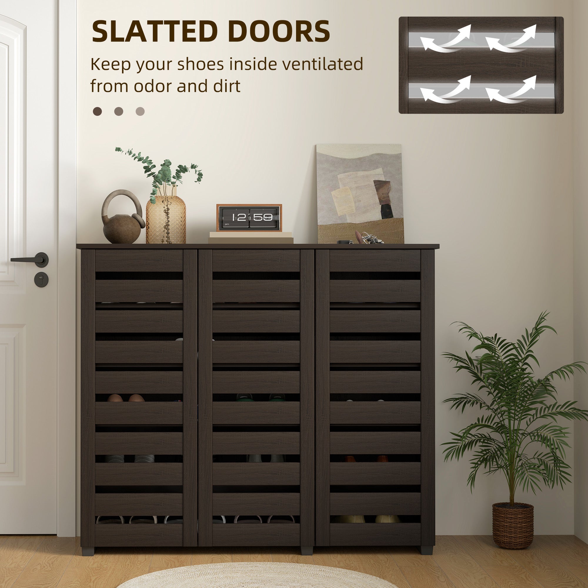 Narrow Shoe Cabinet - 20 Pair Dark Brown Slatted Doors-DECOROLALA
