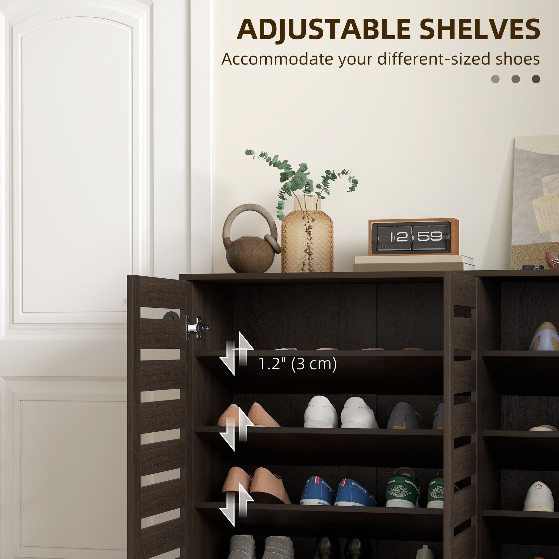 Narrow Shoe Cabinet - 20 Pair Dark Brown Slatted Doors-DECOROLALA