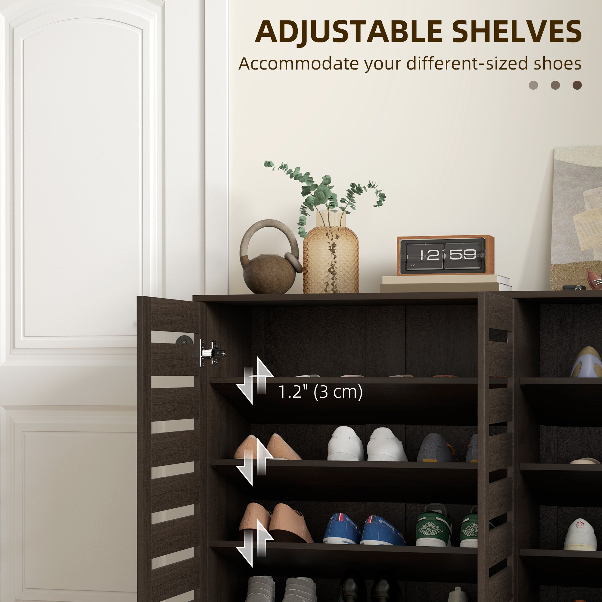 Narrow Shoe Cabinet - 20 Pair Dark Brown Slatted Doors-DECOROLALA