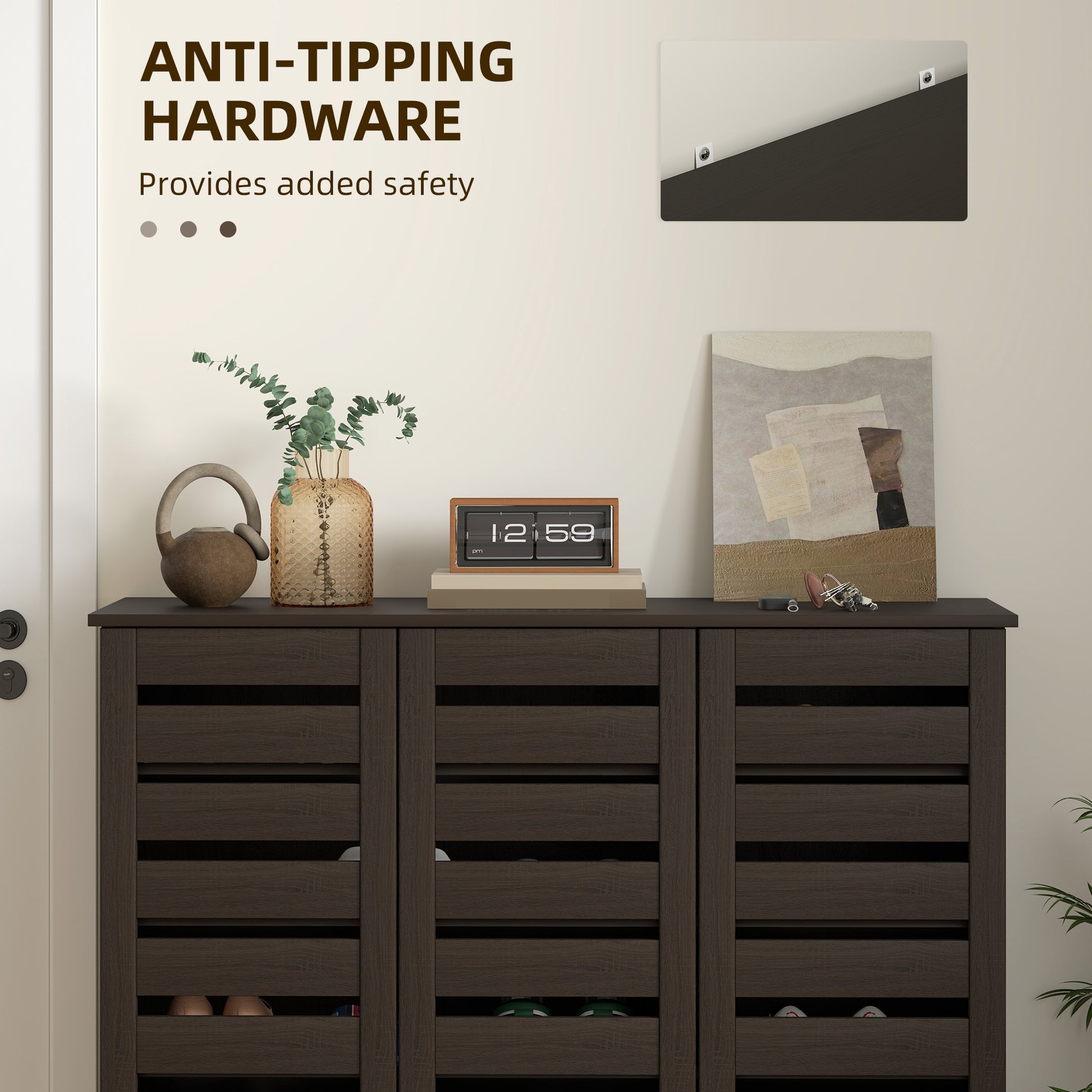Narrow Shoe Cabinet - 20 Pair Dark Brown Slatted Doors-DECOROLALA