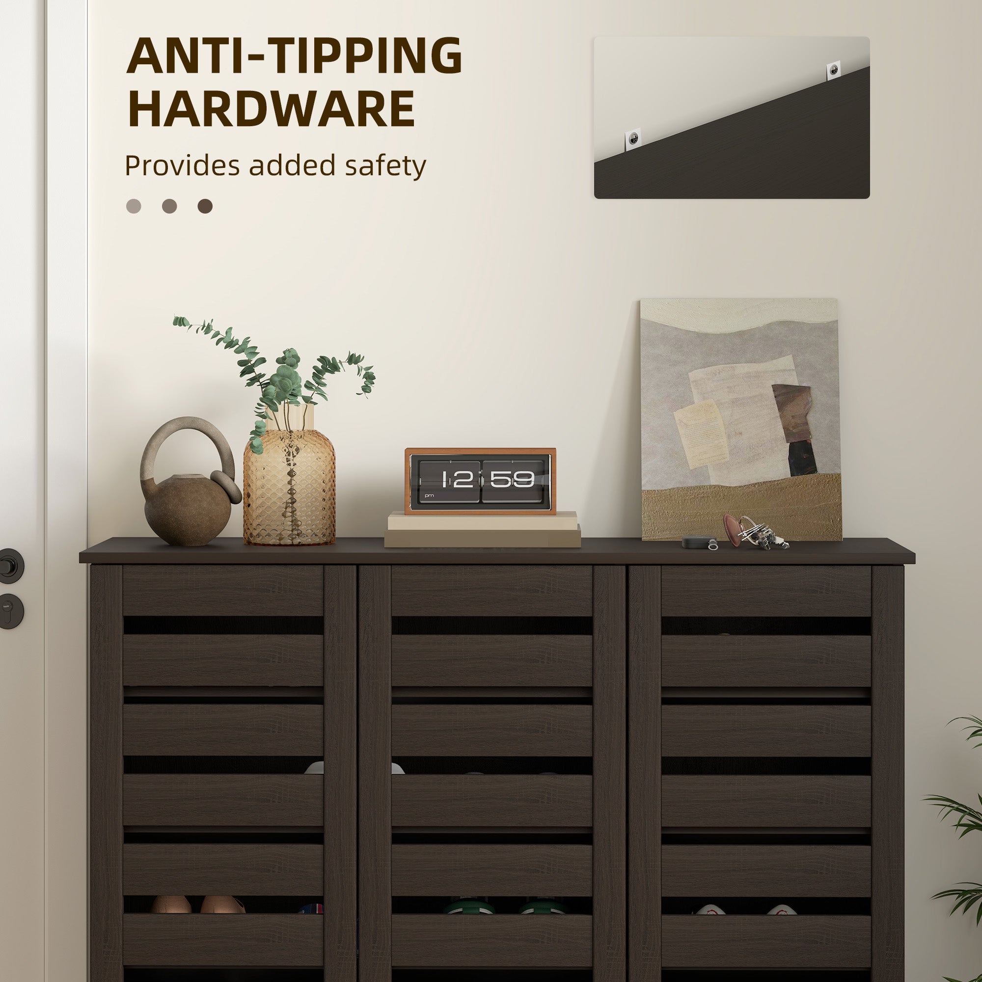 Narrow Shoe Cabinet - 20 Pair Dark Brown Slatted Doors-DECOROLALA