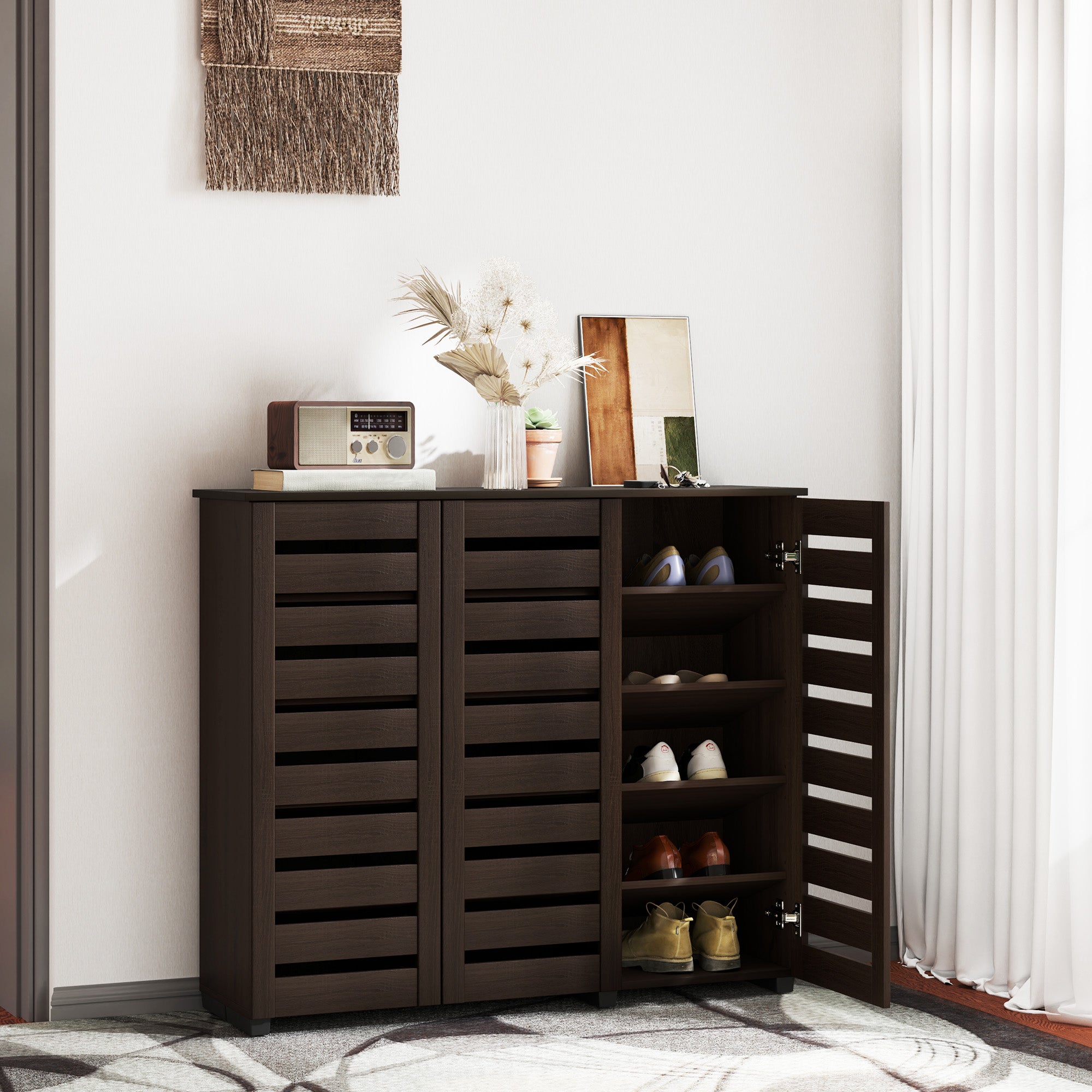 Narrow Shoe Cabinet - 20 Pair Dark Brown Slatted Doors-DECOROLALA