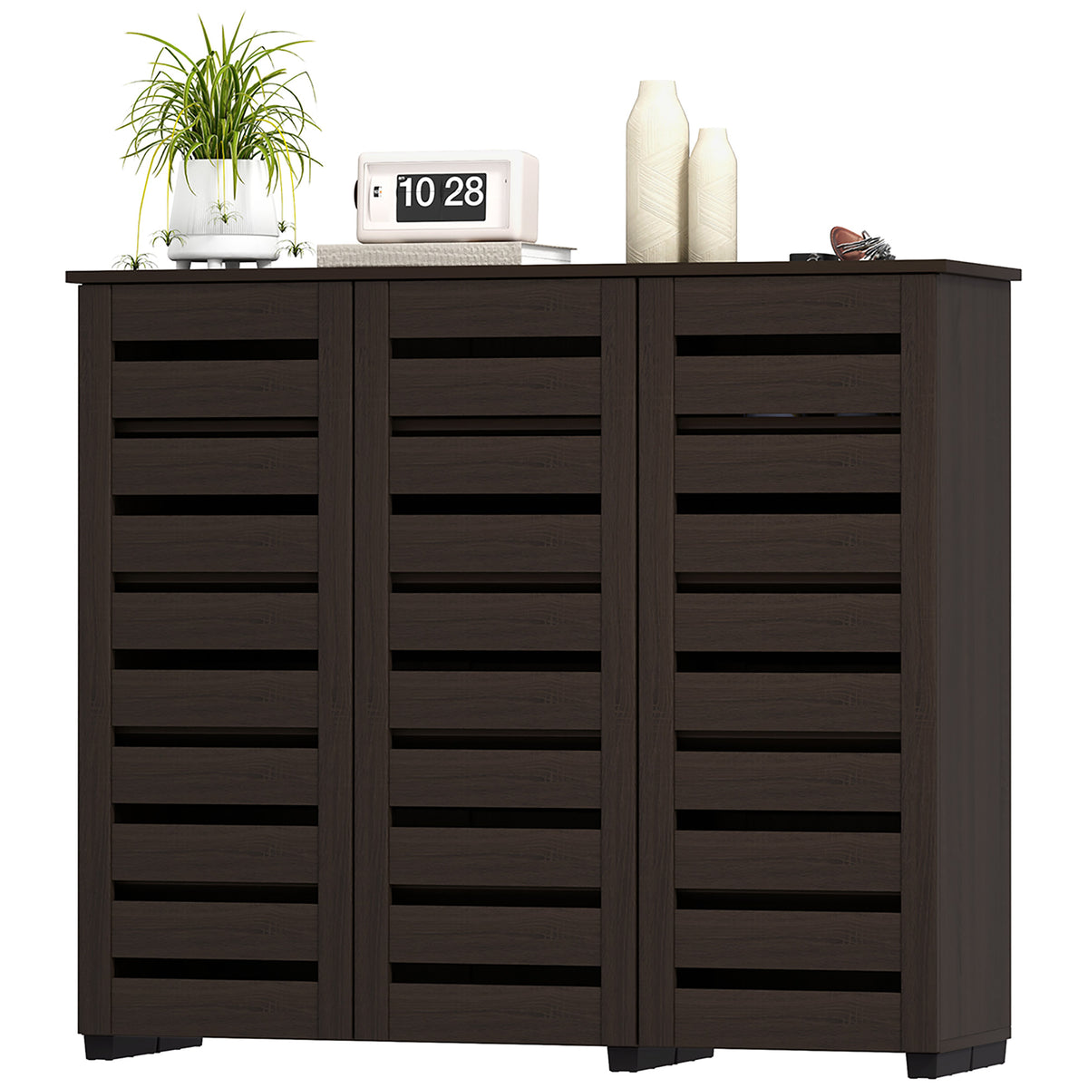 Narrow Shoe Cabinet - 20 Pair Dark Brown Slatted Doors-Shoe Storage Cabinets-DECOROLALA