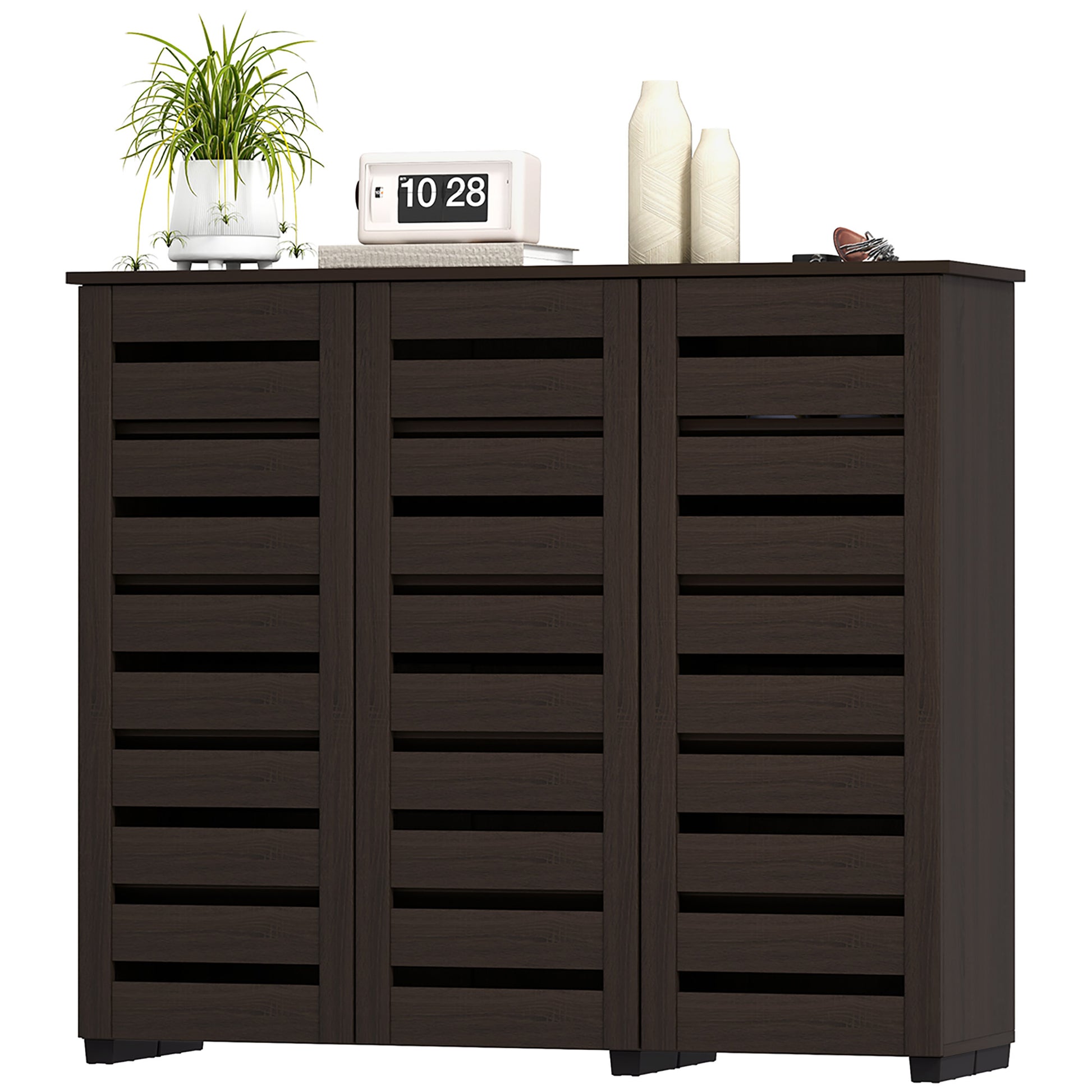 Narrow Shoe Cabinet - 20 Pair Dark Brown Slatted Doors-DECOROLALA
