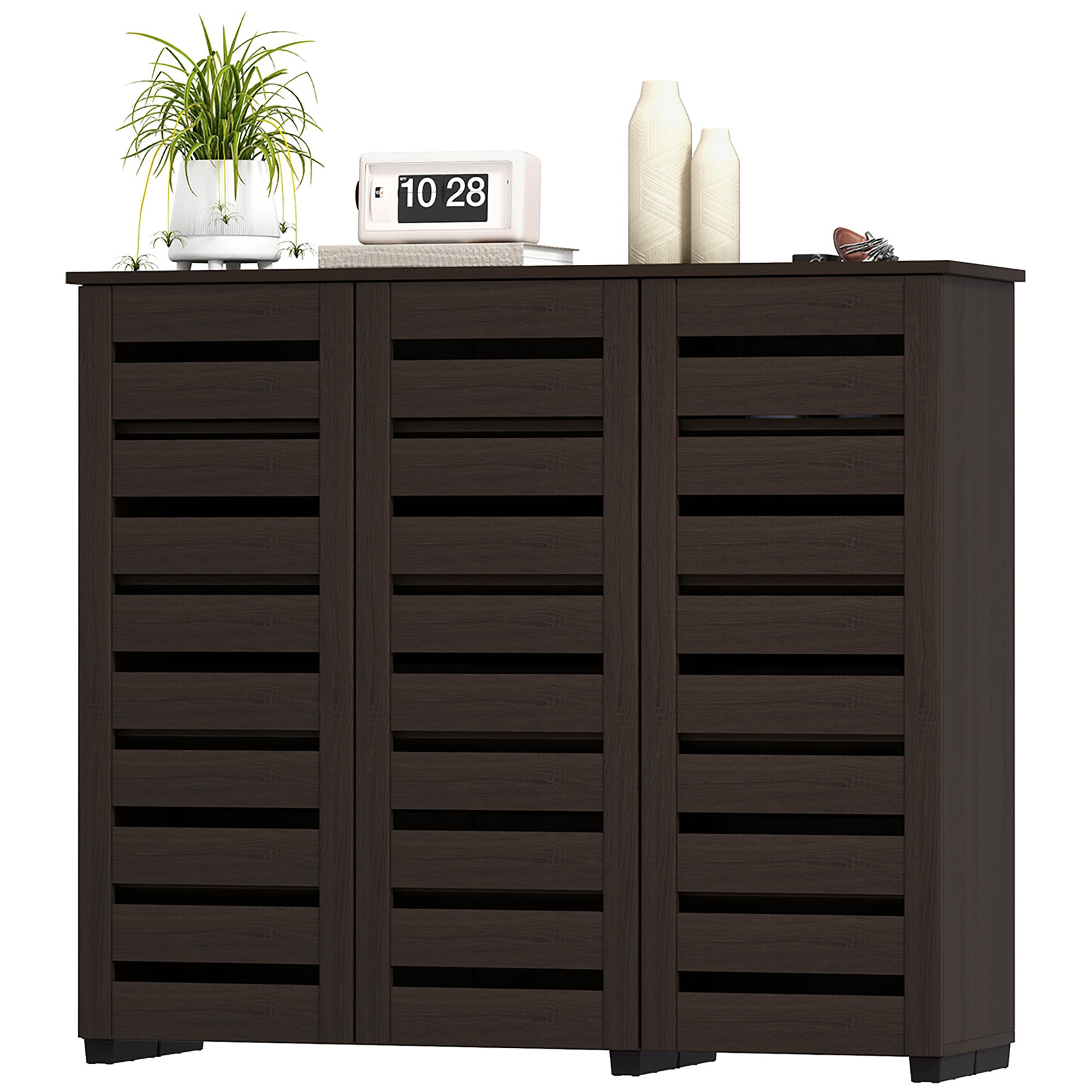 Narrow Shoe Cabinet - 20 Pair Dark Brown Slatted Doors-DECOROLALA