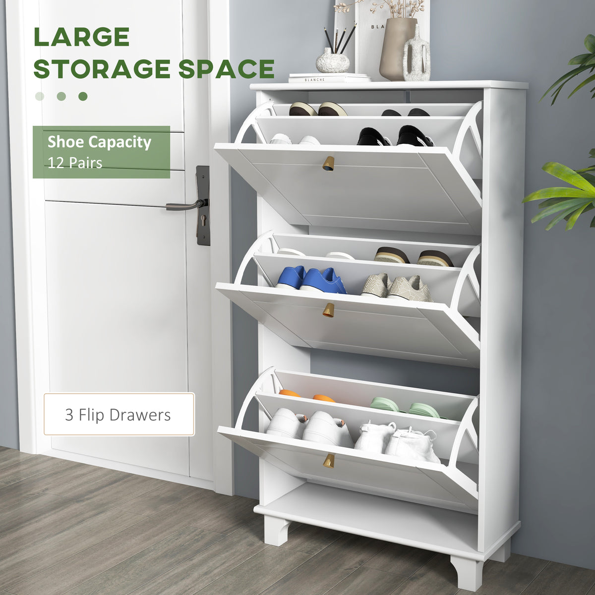 Narrow Shoe Cabinet - 3 Flip Drawers 12-Pair White-Home Furnishings > Storage & Organization > Shoe Storage Cabinets & Racks-DECOROLALA