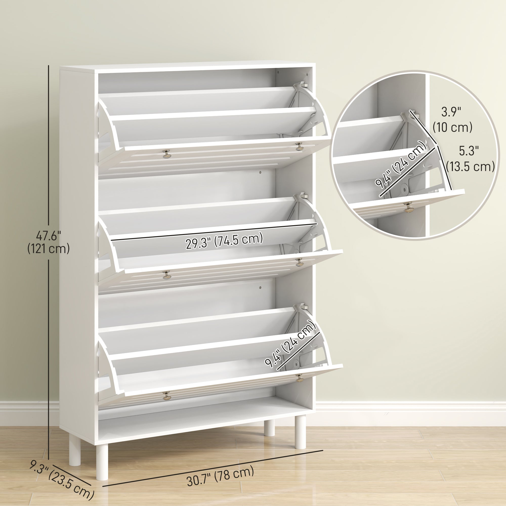 Narrow Shoe Cabinet - 3 Flip Drawers, 18-24 Pairs, White-Home Furnishings > Storage & Organization > Shoe Storage Cabinets & Racks-DECOROLALA