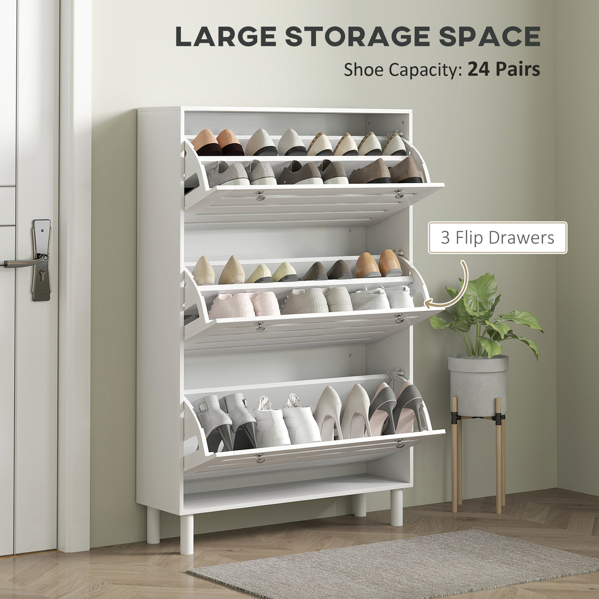 Narrow Shoe Cabinet - 3 Flip Drawers, 18-24 Pairs, White-Home Furnishings > Storage & Organization > Shoe Storage Cabinets & Racks-DECOROLALA