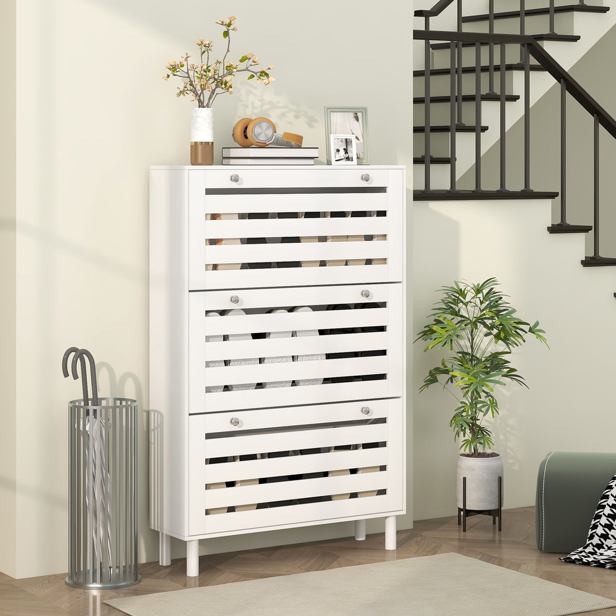 Narrow Shoe Cabinet - 3 Flip Drawers, 18-24 Pairs, White-Home Furnishings > Storage & Organization > Shoe Storage Cabinets & Racks-DECOROLALA