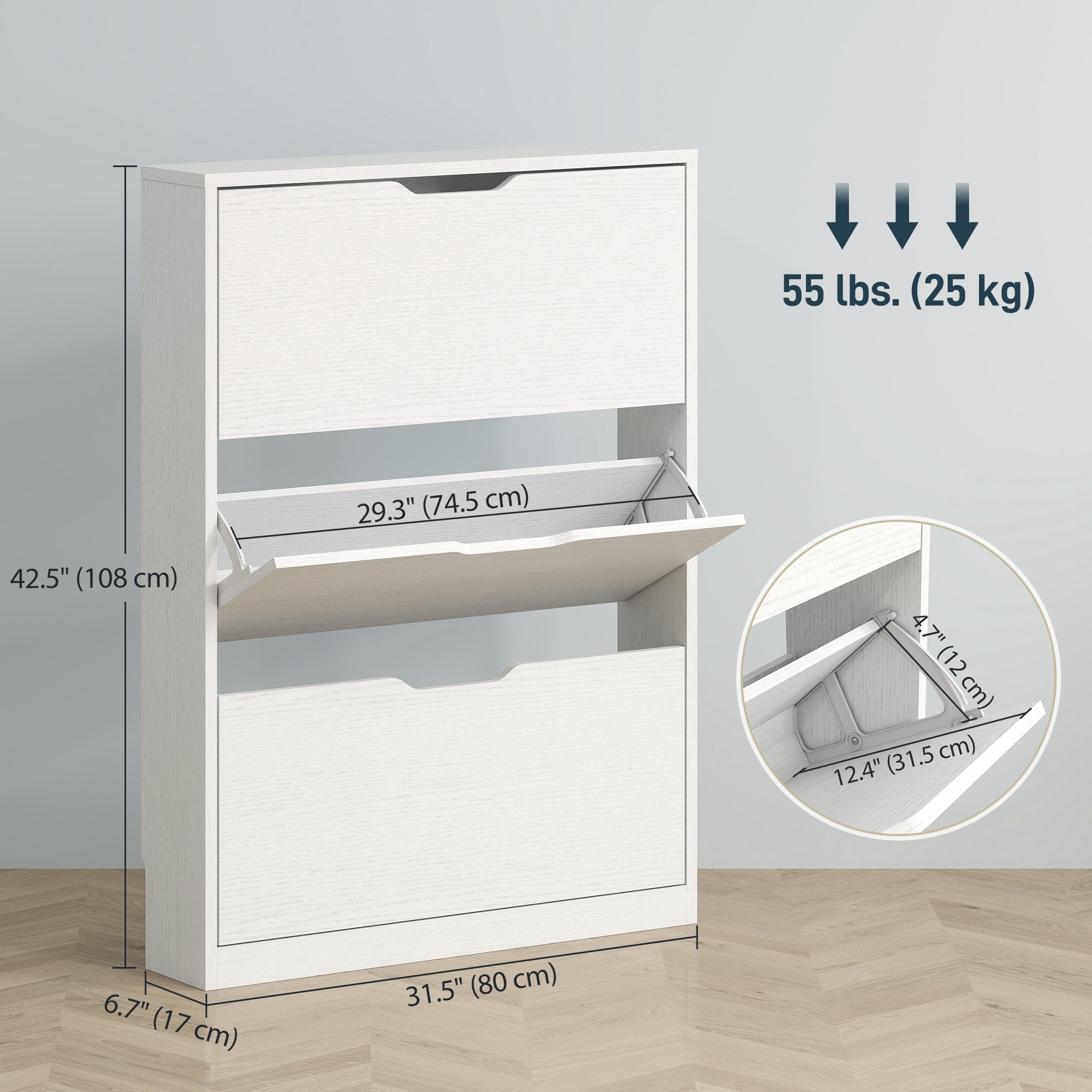 Narrow Shoe Cabinet - 3 Flip Drawers - 31.5" W White-Home Furnishings > Storage & Organization > Shoe Storage Cabinets & Racks-DECOROLALA
