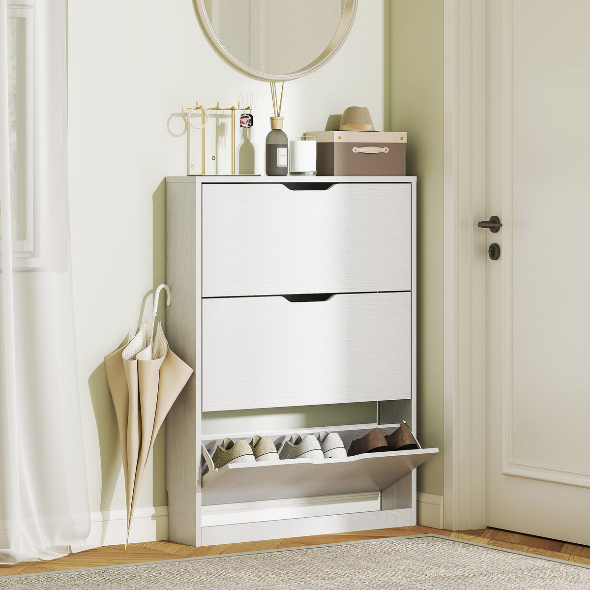 Narrow Shoe Cabinet - 3 Flip Drawers - 31.5" W White-Home Furnishings > Storage & Organization > Shoe Storage Cabinets & Racks-DECOROLALA