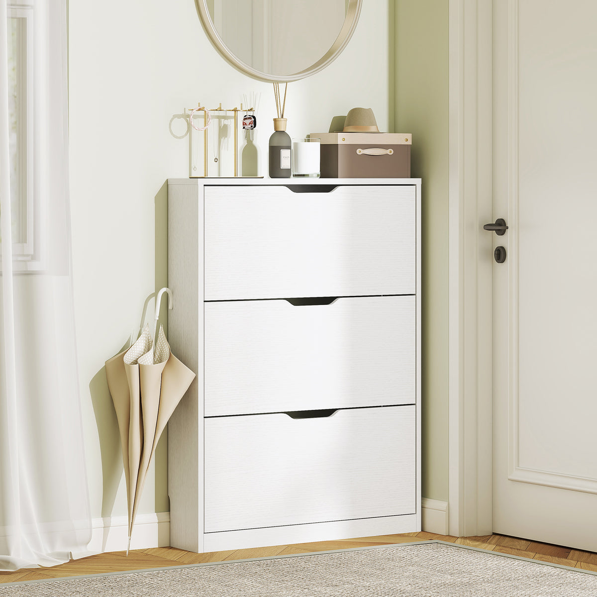Narrow Shoe Cabinet - 3 Flip Drawers - 31.5" W White-Home Furnishings > Storage & Organization > Shoe Storage Cabinets & Racks-DECOROLALA