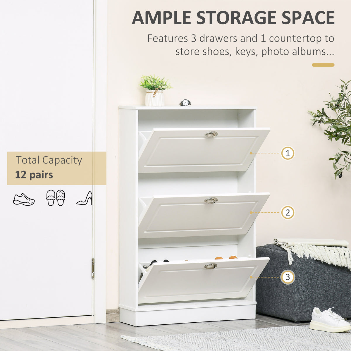 Narrow Shoe Cabinet - 3 Flip Drawers White 30" W-Home Furnishings > Storage & Organization > Shoe Storage Cabinets & Racks-DECOROLALA
