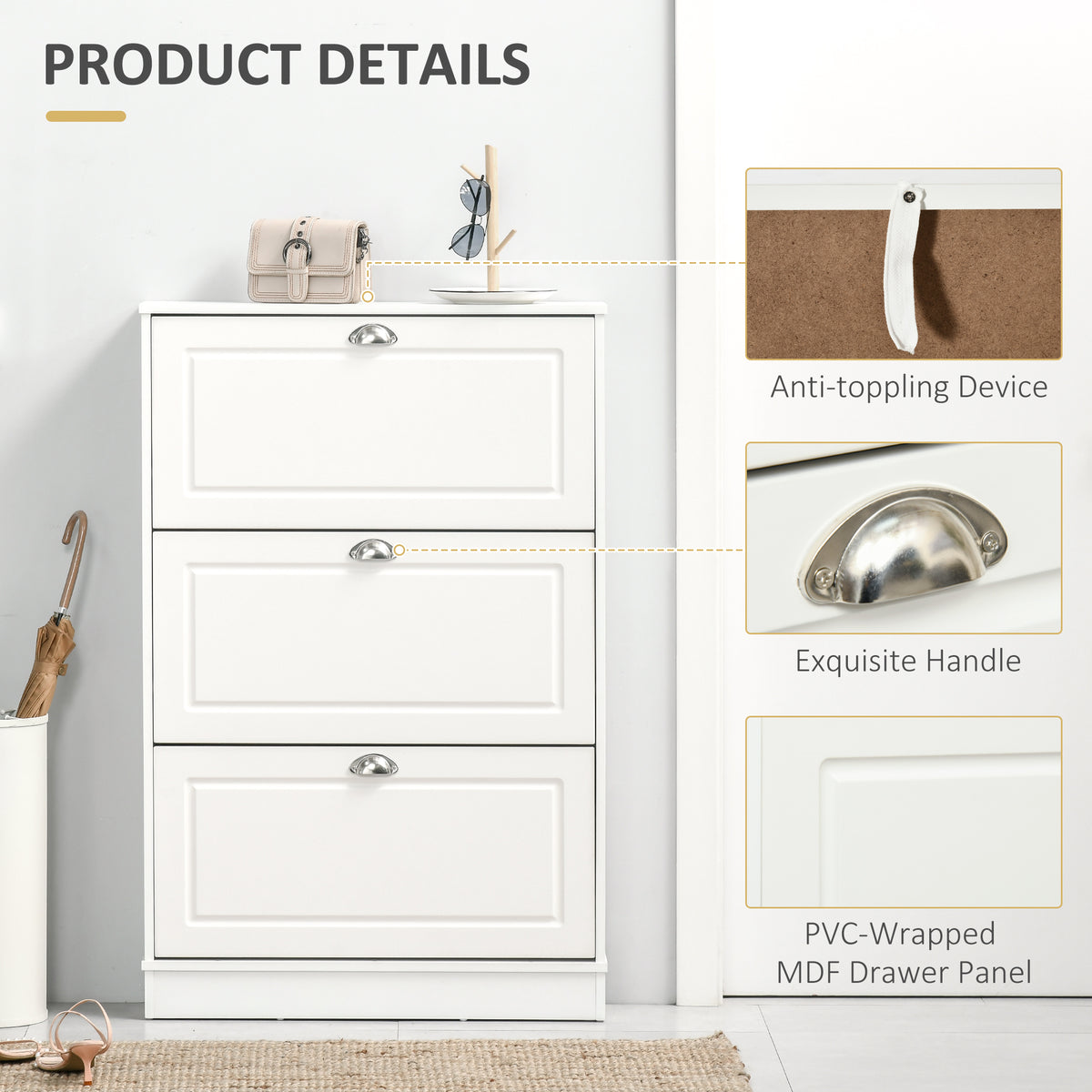 Narrow Shoe Cabinet - 3 Flip Drawers White 30" W-Home Furnishings > Storage & Organization > Shoe Storage Cabinets & Racks-DECOROLALA