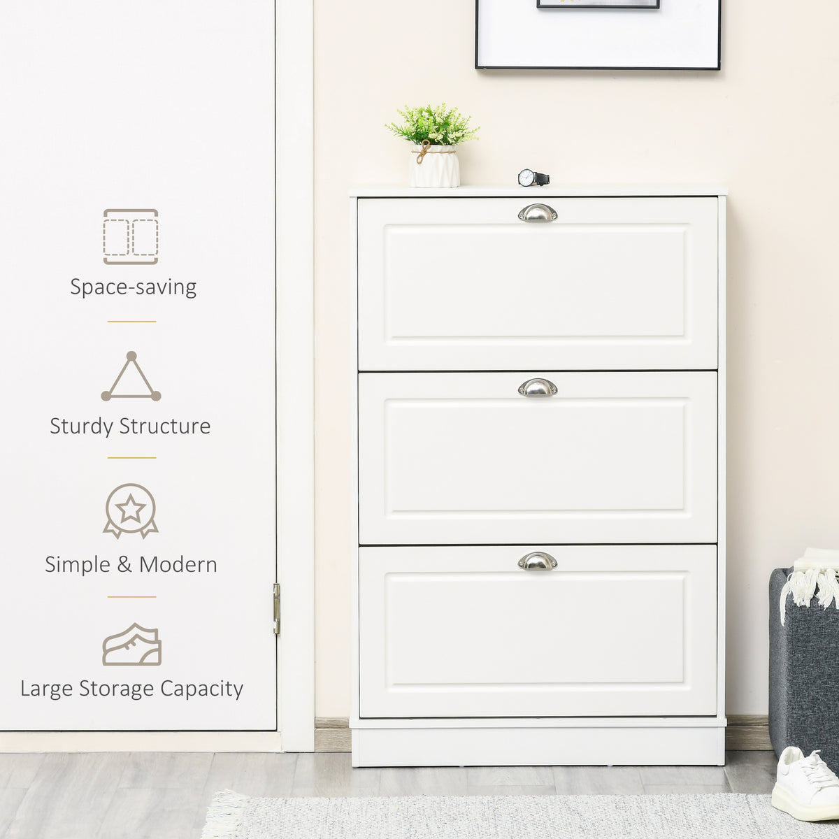 Narrow Shoe Cabinet - 3 Flip Drawers White 30" W-Home Furnishings > Storage & Organization > Shoe Storage Cabinets & Racks-DECOROLALA
