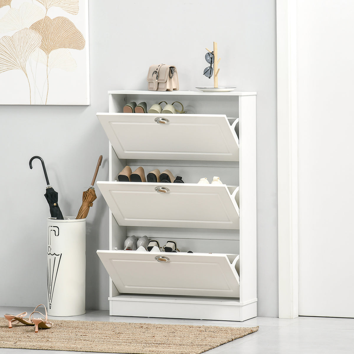 Narrow Shoe Cabinet - 3 Flip Drawers White 30" W-Home Furnishings > Storage & Organization > Shoe Storage Cabinets & Racks-DECOROLALA
