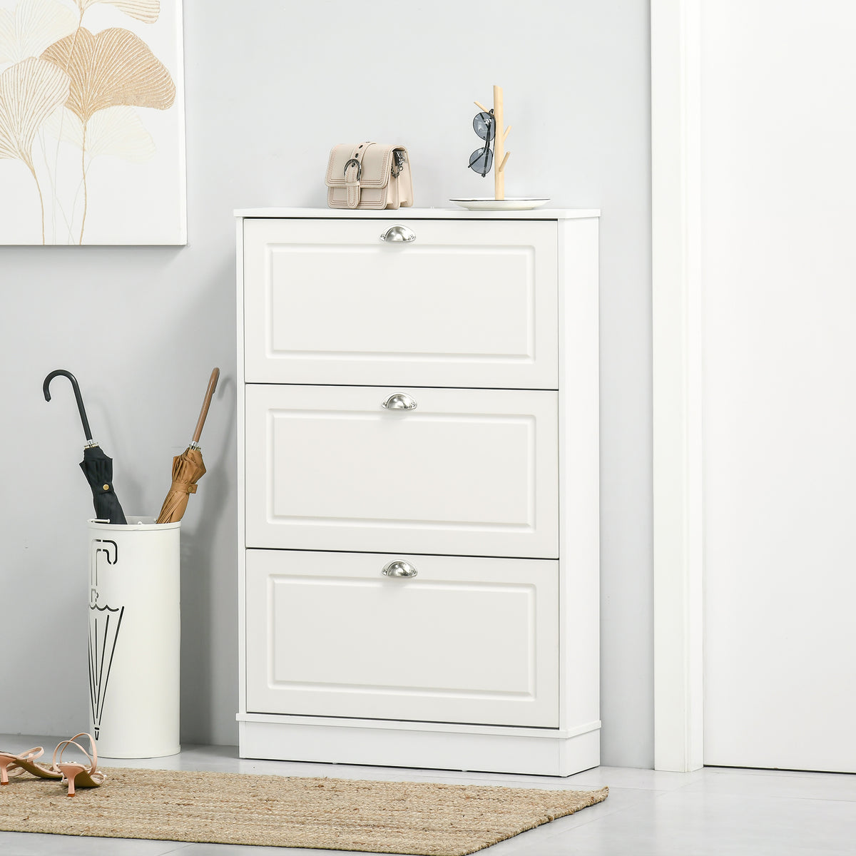 Narrow Shoe Cabinet - 3 Flip Drawers White 30" W-Home Furnishings > Storage & Organization > Shoe Storage Cabinets & Racks-DECOROLALA