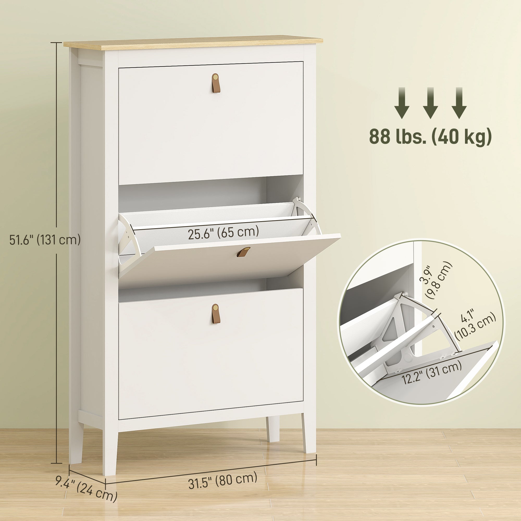 Narrow Shoe Cabinet - 3 Flip Drawers White 31.5"W-Home Furnishings > Storage & Organization > Shoe Storage Cabinets & Racks-DECOROLALA