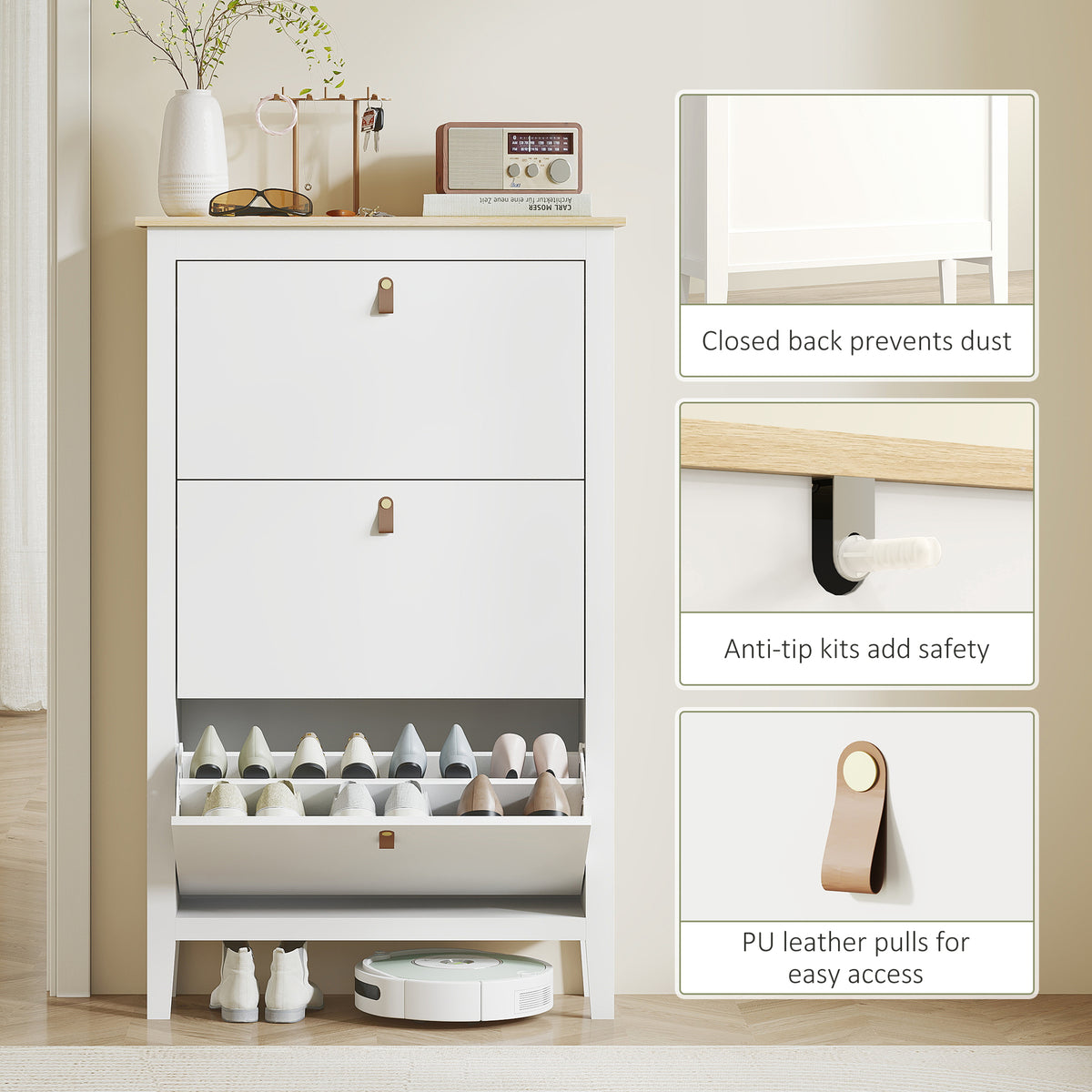 Narrow Shoe Cabinet - 3 Flip Drawers White 31.5"W-Home Furnishings > Storage & Organization > Shoe Storage Cabinets & Racks-DECOROLALA