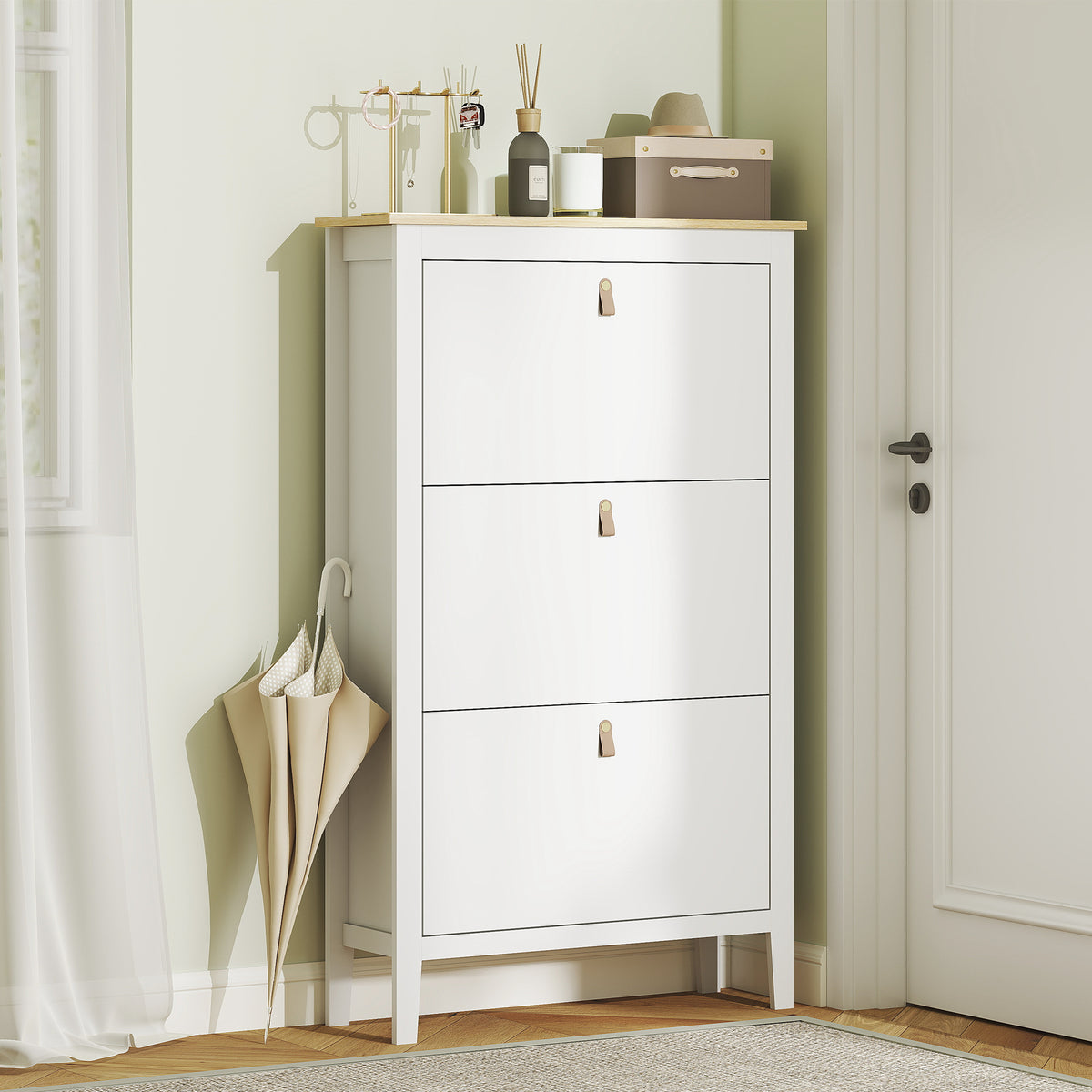 Narrow Shoe Cabinet - 3 Flip Drawers White 31.5"W-Home Furnishings > Storage & Organization > Shoe Storage Cabinets & Racks-DECOROLALA