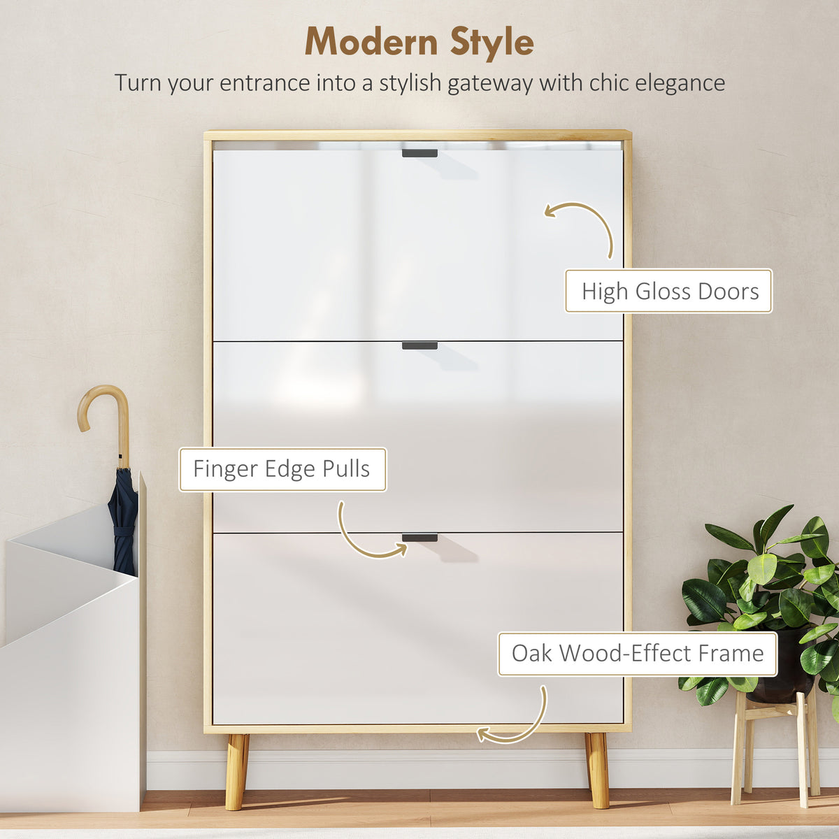 Narrow Shoe Cabinet - 3 Flip Drawers White High Gloss-Home Furnishings > Storage & Organization > Shoe Storage Cabinets & Racks-DECOROLALA