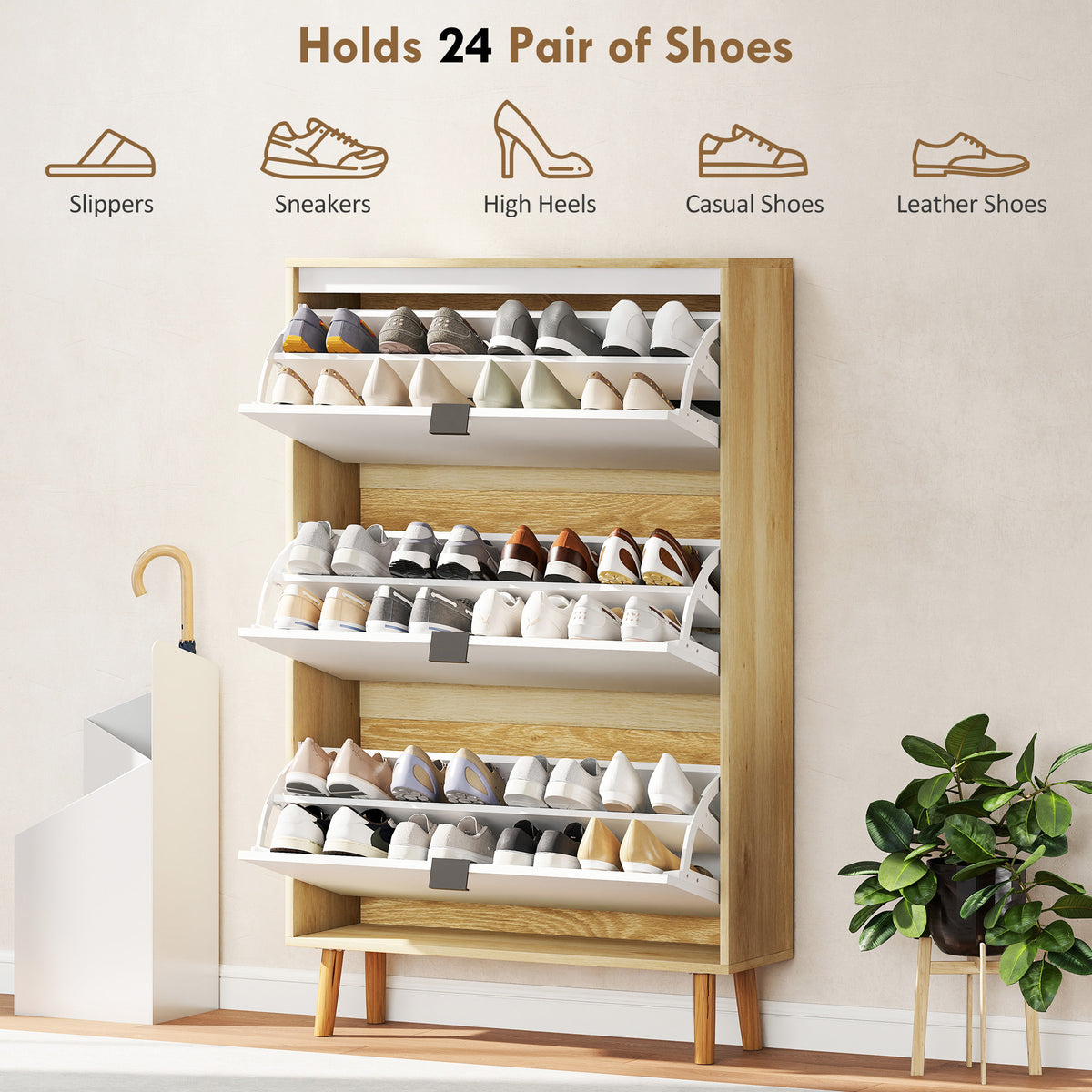 Narrow Shoe Cabinet - 3 Flip Drawers White High Gloss-Home Furnishings > Storage & Organization > Shoe Storage Cabinets & Racks-DECOROLALA