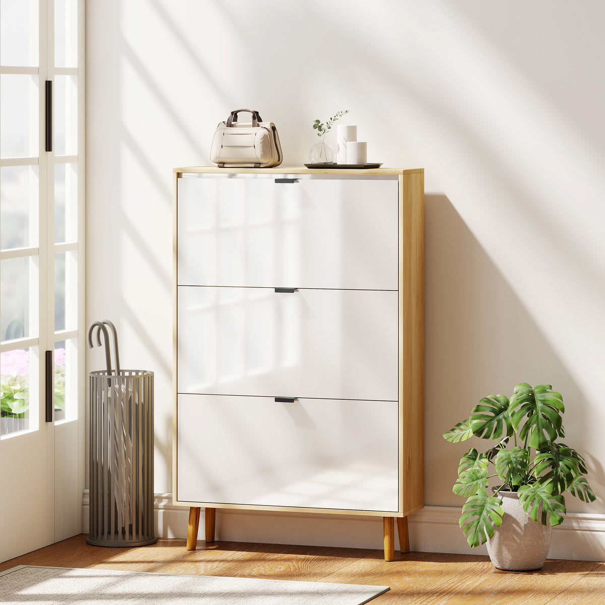 Narrow Shoe Cabinet - 3 Flip Drawers White High Gloss-Home Furnishings > Storage & Organization > Shoe Storage Cabinets & Racks-DECOROLALA