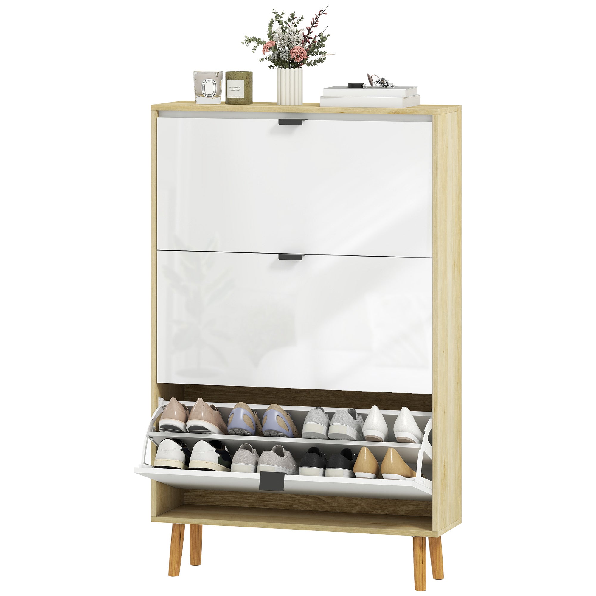 Narrow Shoe Cabinet - 3 Flip Drawers White High Gloss-Home Furnishings > Storage & Organization > Shoe Storage Cabinets & Racks-DECOROLALA