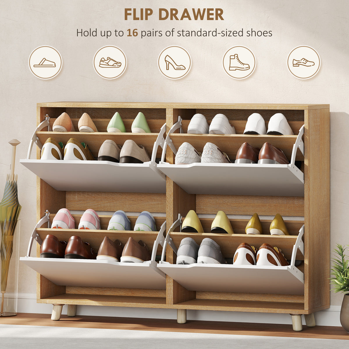 Narrow Shoe Cabinet - 4 Flip Drawers 16-Pair White-Home Furnishings > Storage & Organization > Shoe Storage Cabinets & Racks-DECOROLALA