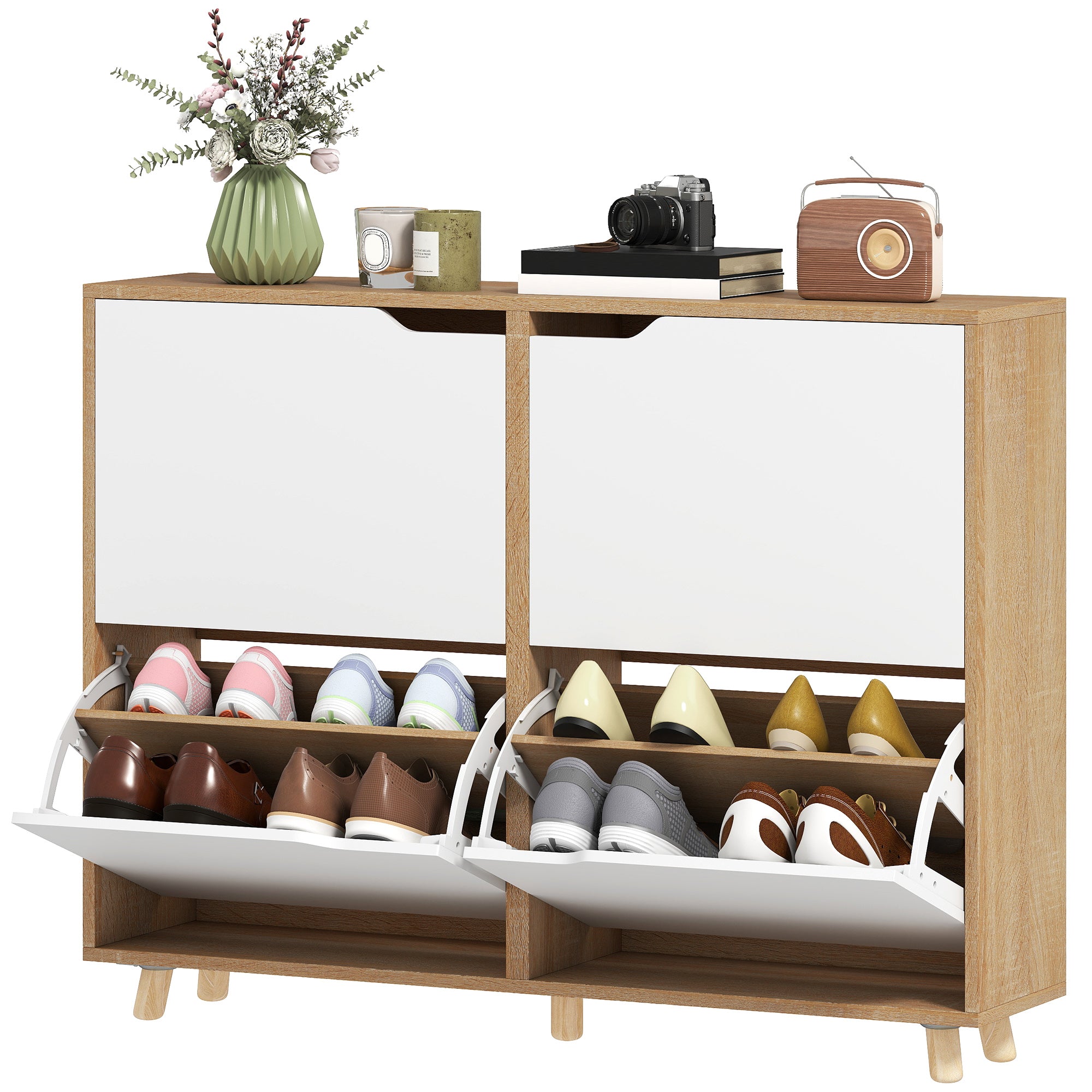 Narrow Shoe Cabinet - 4 Flip Drawers 16-Pair White-Home Furnishings > Storage & Organization > Shoe Storage Cabinets & Racks-DECOROLALA
