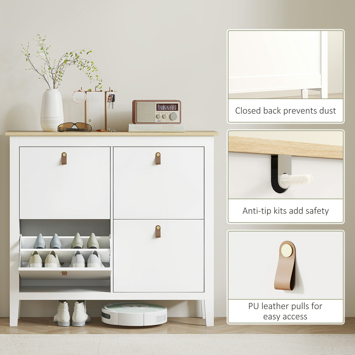 Narrow Shoe Cabinet - 4 Flip Drawers White 12-20 Pairs-Home Furnishings > Storage & Organization > Shoe Storage Cabinets & Racks-DECOROLALA