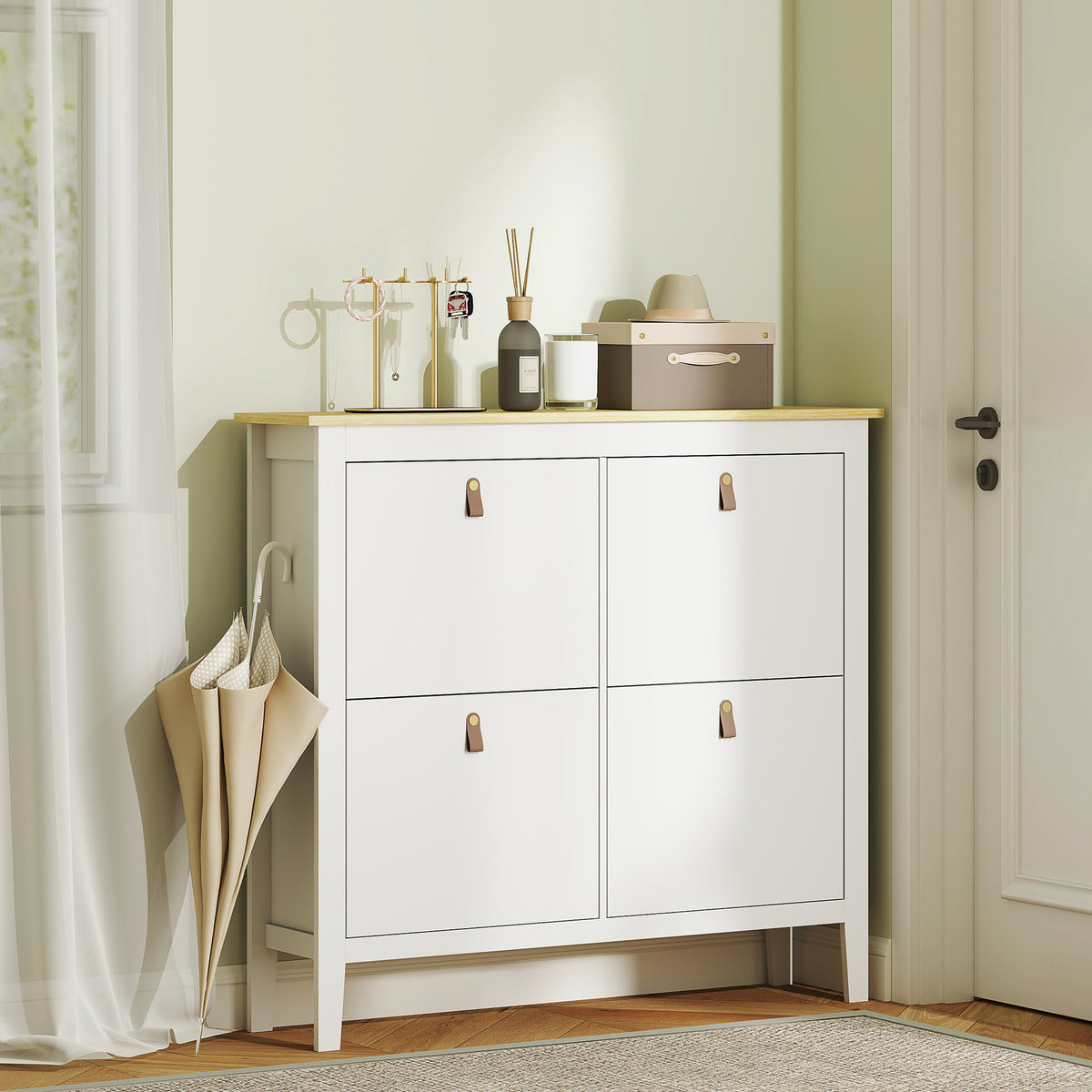 Narrow Shoe Cabinet - 4 Flip Drawers White 12-20 Pairs-Home Furnishings > Storage & Organization > Shoe Storage Cabinets & Racks-DECOROLALA