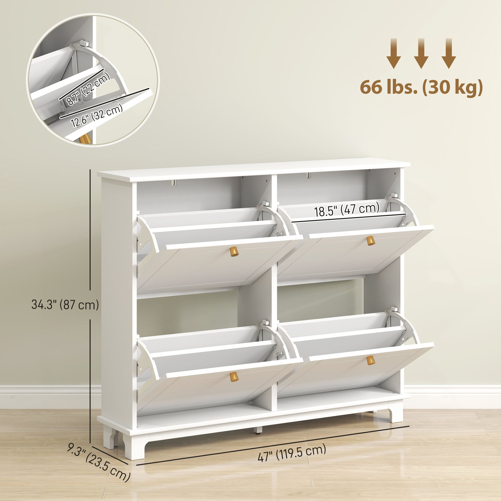 Narrow Shoe Cabinet - 4 Flip Drawers White 47" Modern-Home Furnishings > Storage & Organization > Shoe Storage Cabinets & Racks-DECOROLALA