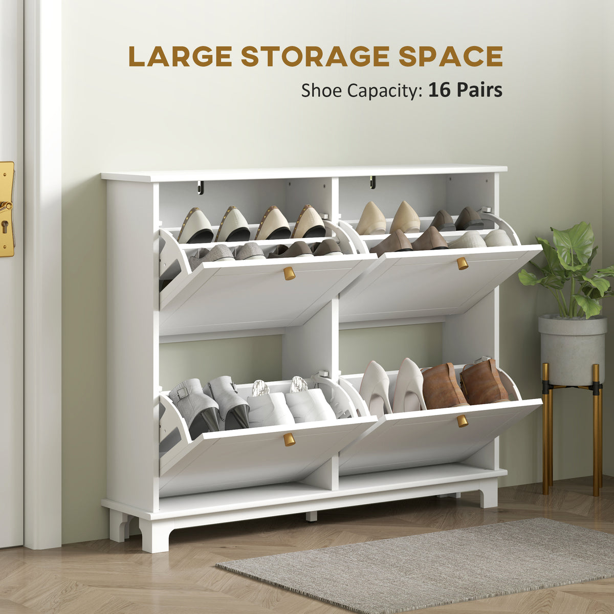 Narrow Shoe Cabinet - 4 Flip Drawers White 47" Modern-Home Furnishings > Storage & Organization > Shoe Storage Cabinets & Racks-DECOROLALA