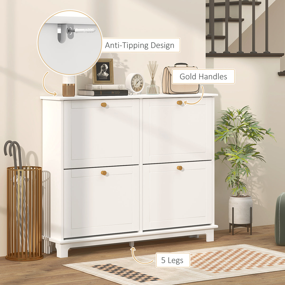 Narrow Shoe Cabinet - 4 Flip Drawers White 47" Modern-Home Furnishings > Storage & Organization > Shoe Storage Cabinets & Racks-DECOROLALA