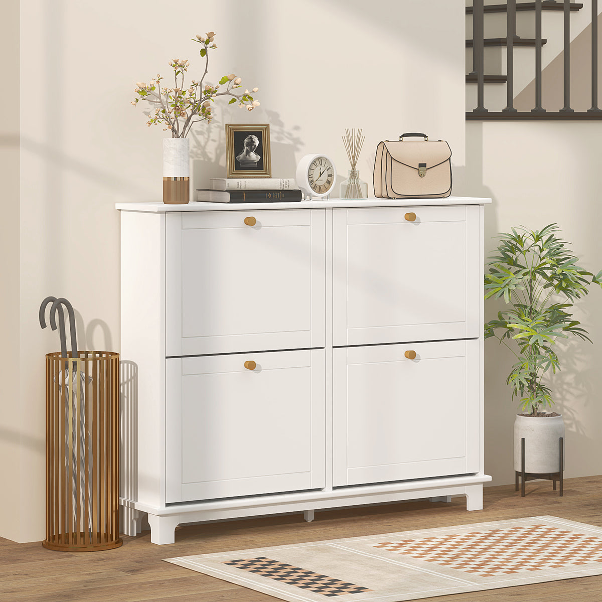 Narrow Shoe Cabinet - 4 Flip Drawers White 47" Modern-Home Furnishings > Storage & Organization > Shoe Storage Cabinets & Racks-DECOROLALA