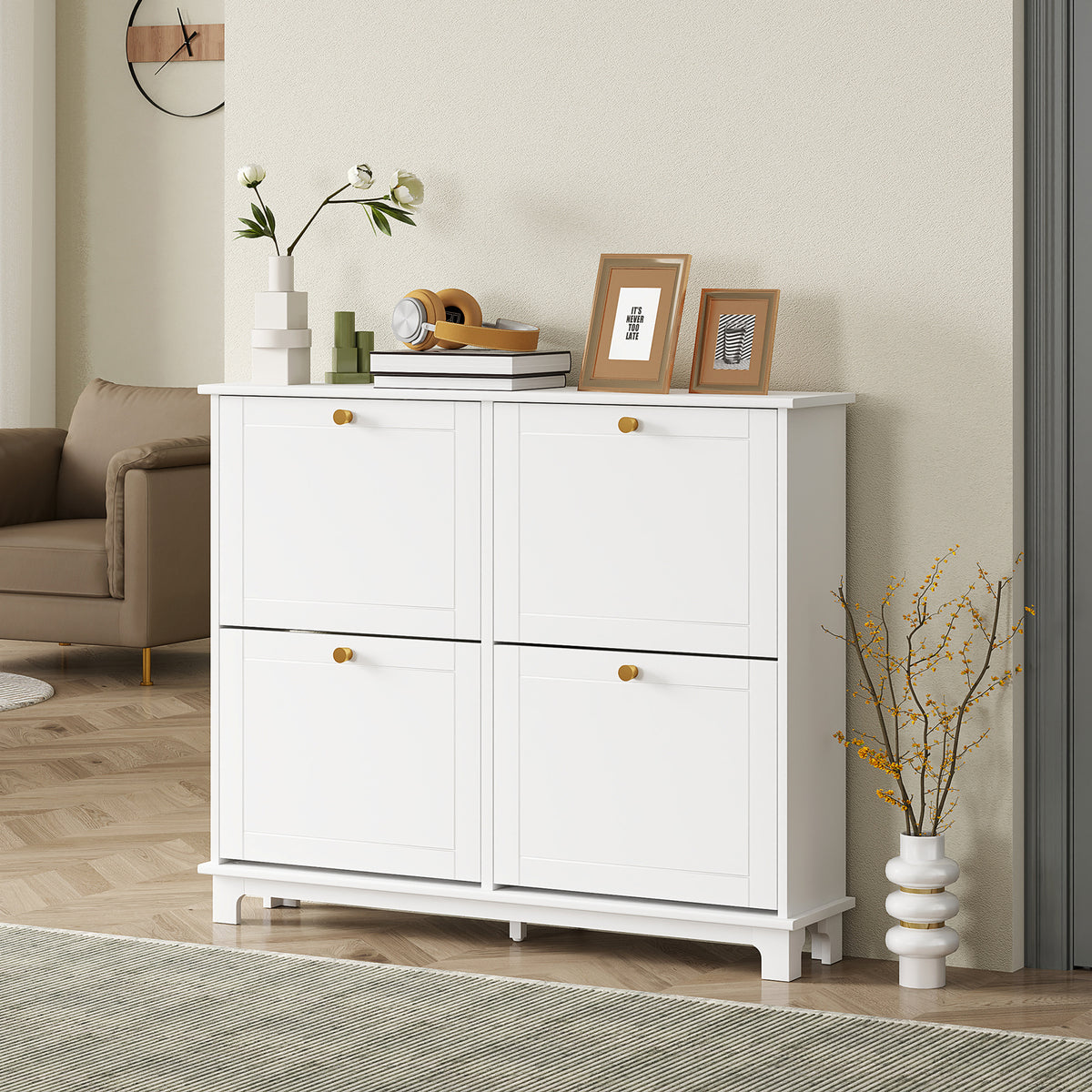 Narrow Shoe Cabinet - 4 Flip Drawers White 47" Modern-Home Furnishings > Storage & Organization > Shoe Storage Cabinets & Racks-DECOROLALA