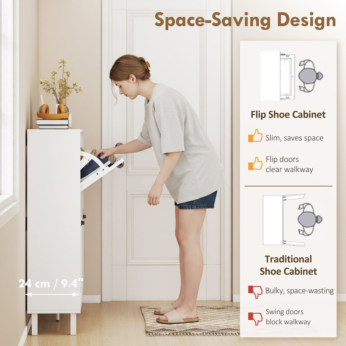 Narrow Shoe Cabinet - 4 Flip Drawers White 9.4" Deep-Home Furnishings > Storage & Organization > Shoe Storage Cabinets & Racks-DECOROLALA