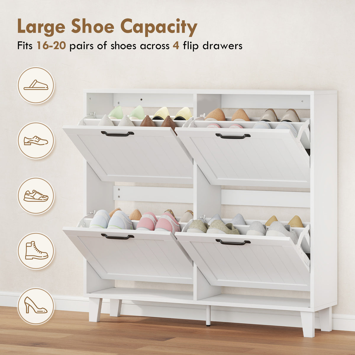 Narrow Shoe Cabinet - 4 Flip Drawers White 9.4" Deep-Home Furnishings > Storage & Organization > Shoe Storage Cabinets & Racks-DECOROLALA