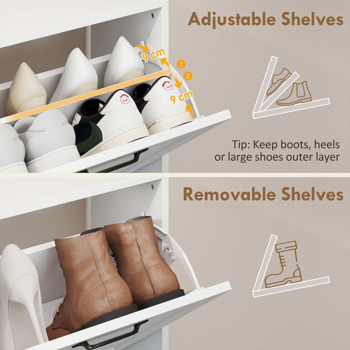 Narrow Shoe Cabinet - 4 Flip Drawers White 9.4" Deep-Home Furnishings > Storage & Organization > Shoe Storage Cabinets & Racks-DECOROLALA