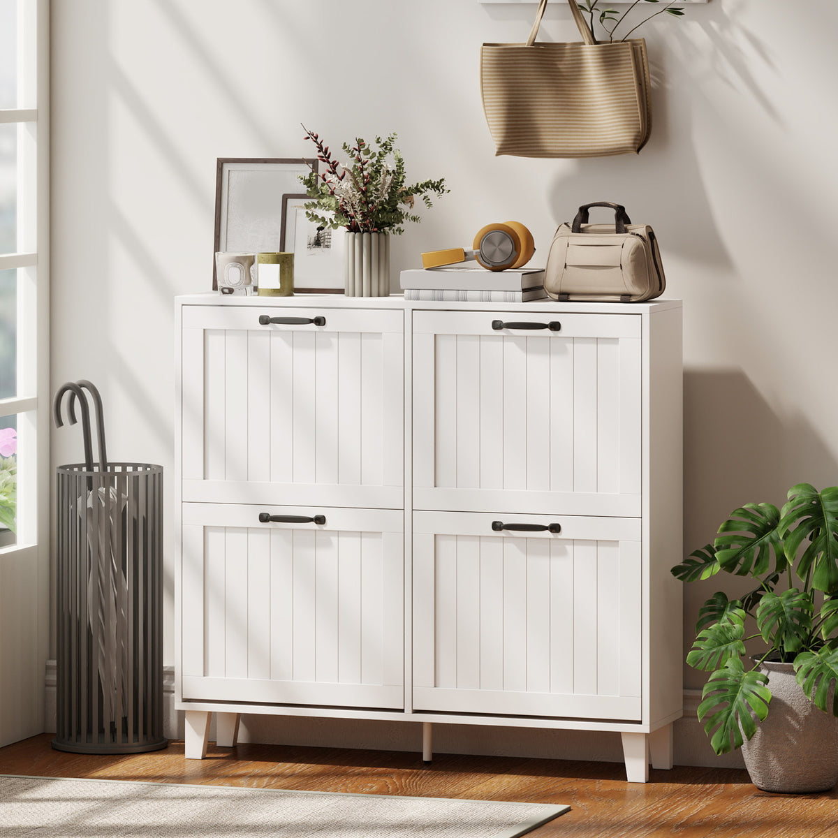 Narrow Shoe Cabinet - 4 Flip Drawers White 9.4" Deep-Home Furnishings > Storage & Organization > Shoe Storage Cabinets & Racks-DECOROLALA