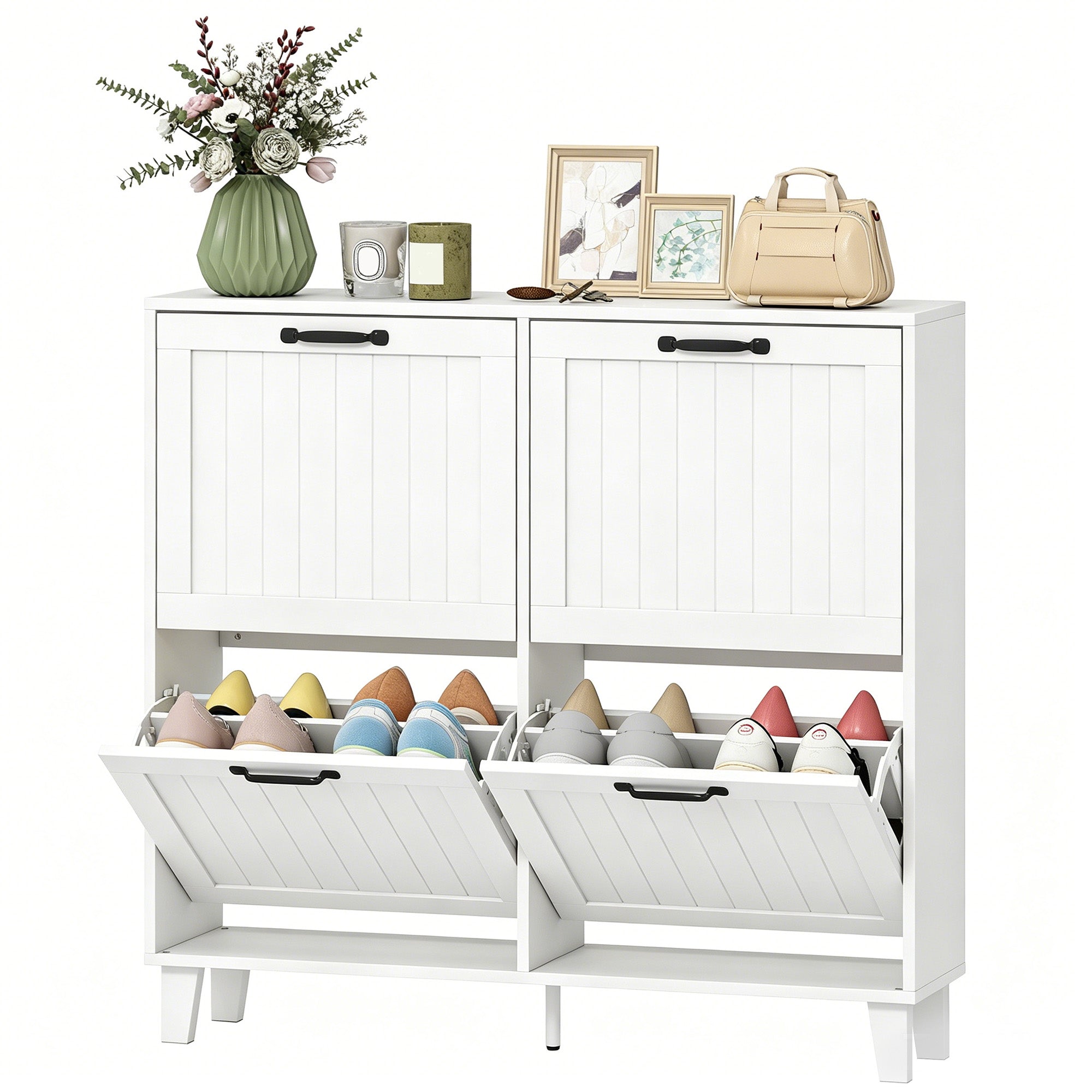Narrow Shoe Cabinet - 4 Flip Drawers White 9.4" Deep-Home Furnishings > Storage & Organization > Shoe Storage Cabinets & Racks-DECOROLALA