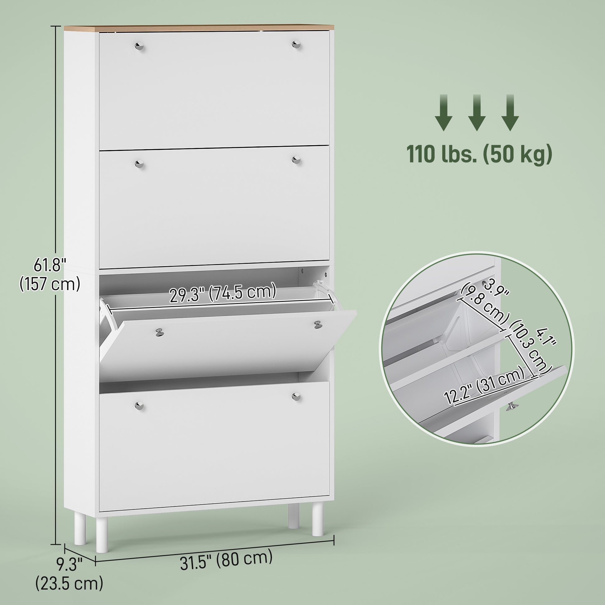 Narrow Shoe Cabinet - 4 Flip Drawers White & Oak Finish-DECOROLALA