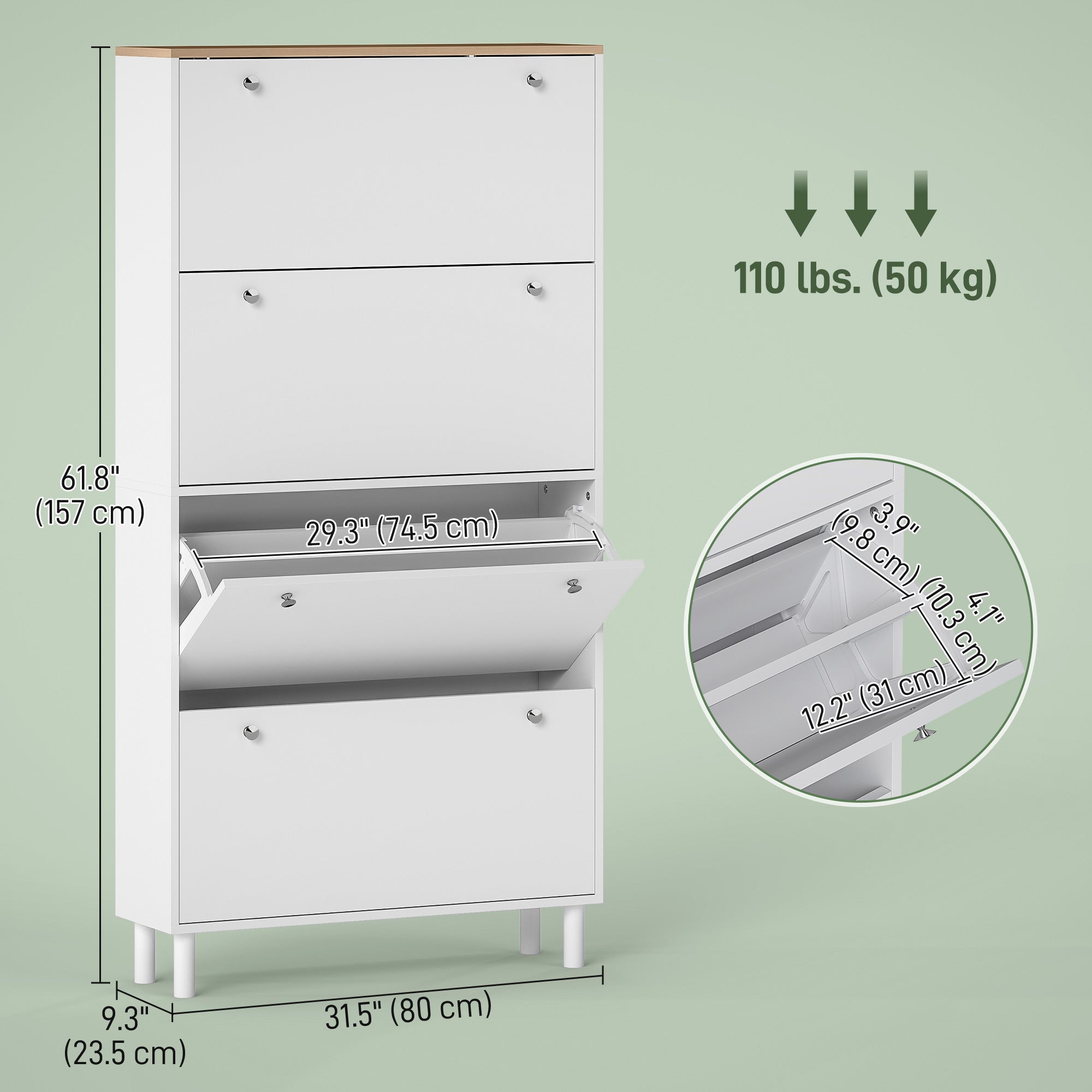 Narrow Shoe Cabinet - 4 Flip Drawers White & Oak Finish-DECOROLALA