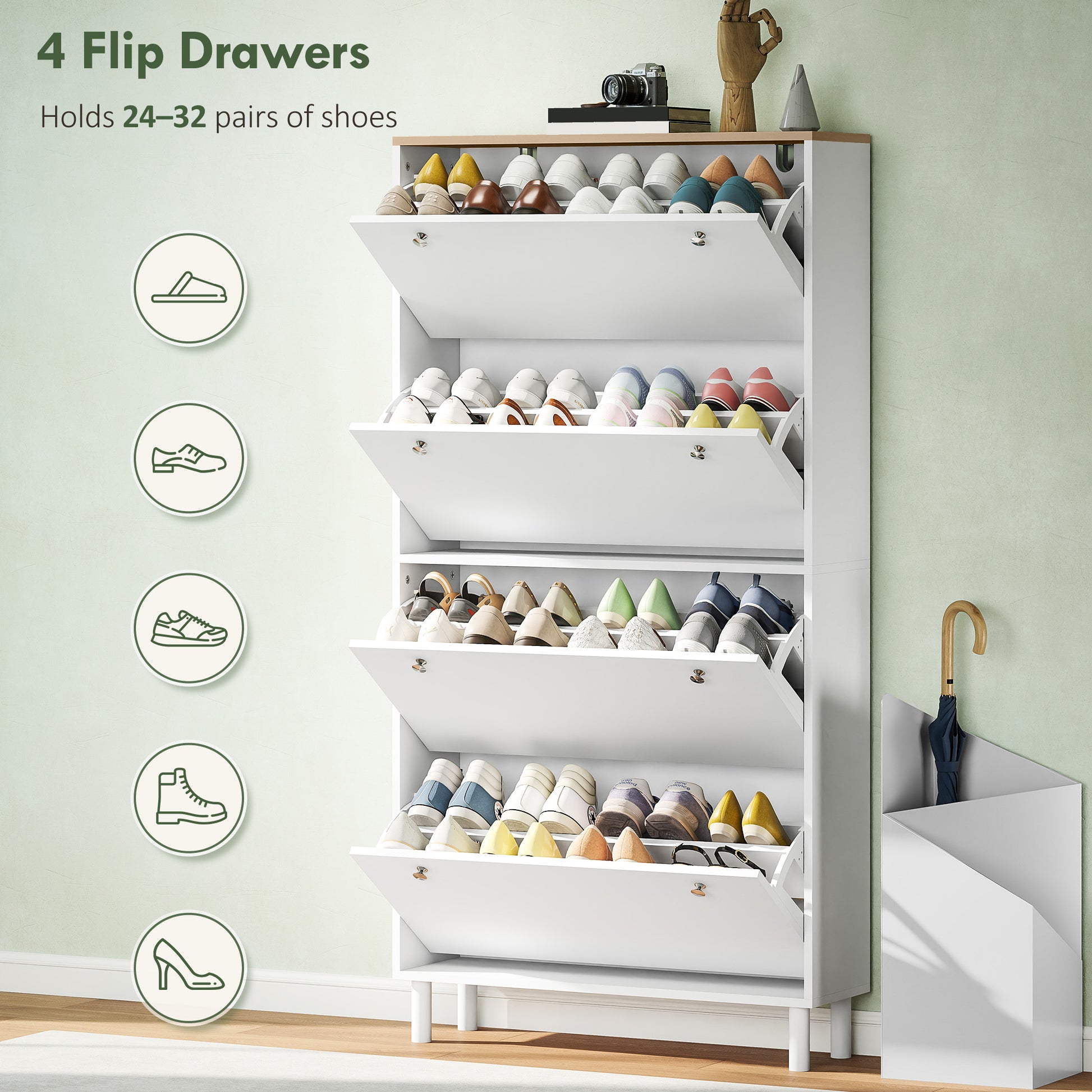 Narrow Shoe Cabinet - 4 Flip Drawers White & Oak Finish-DECOROLALA