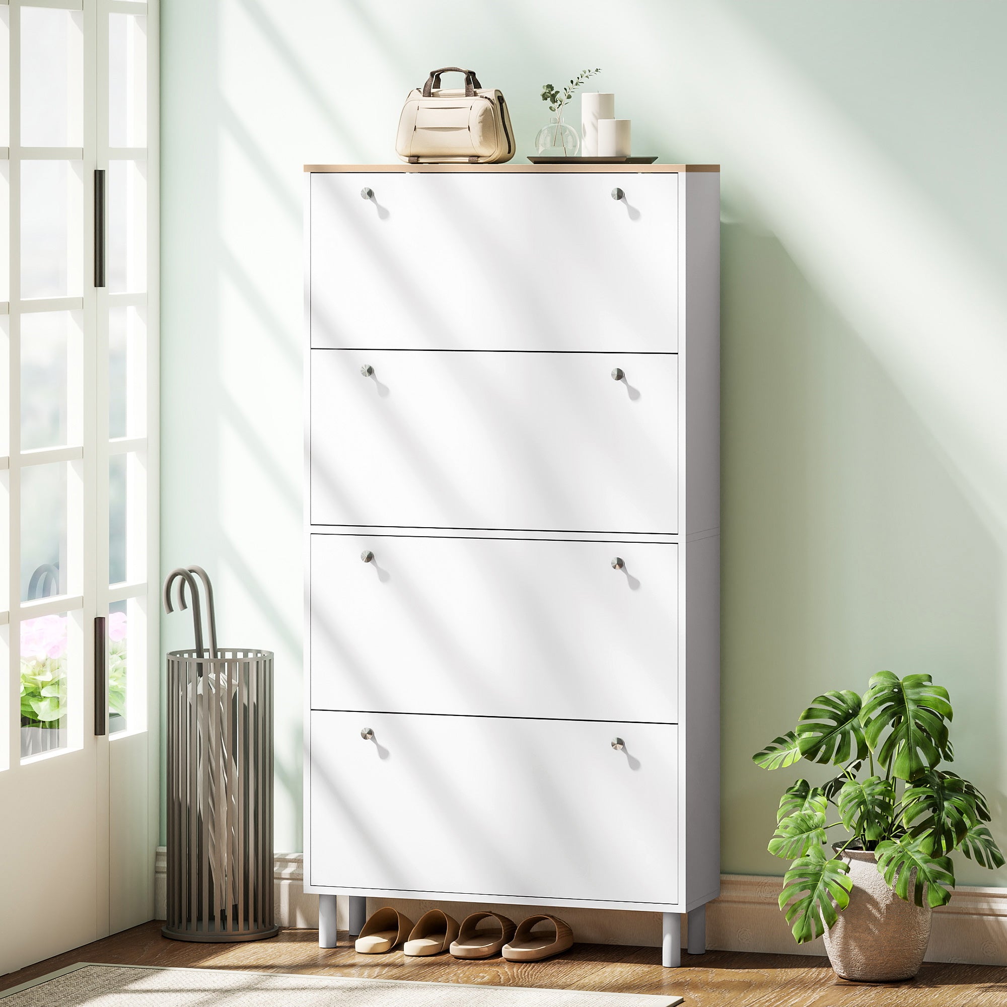 Narrow Shoe Cabinet - 4 Flip Drawers White & Oak Finish-DECOROLALA