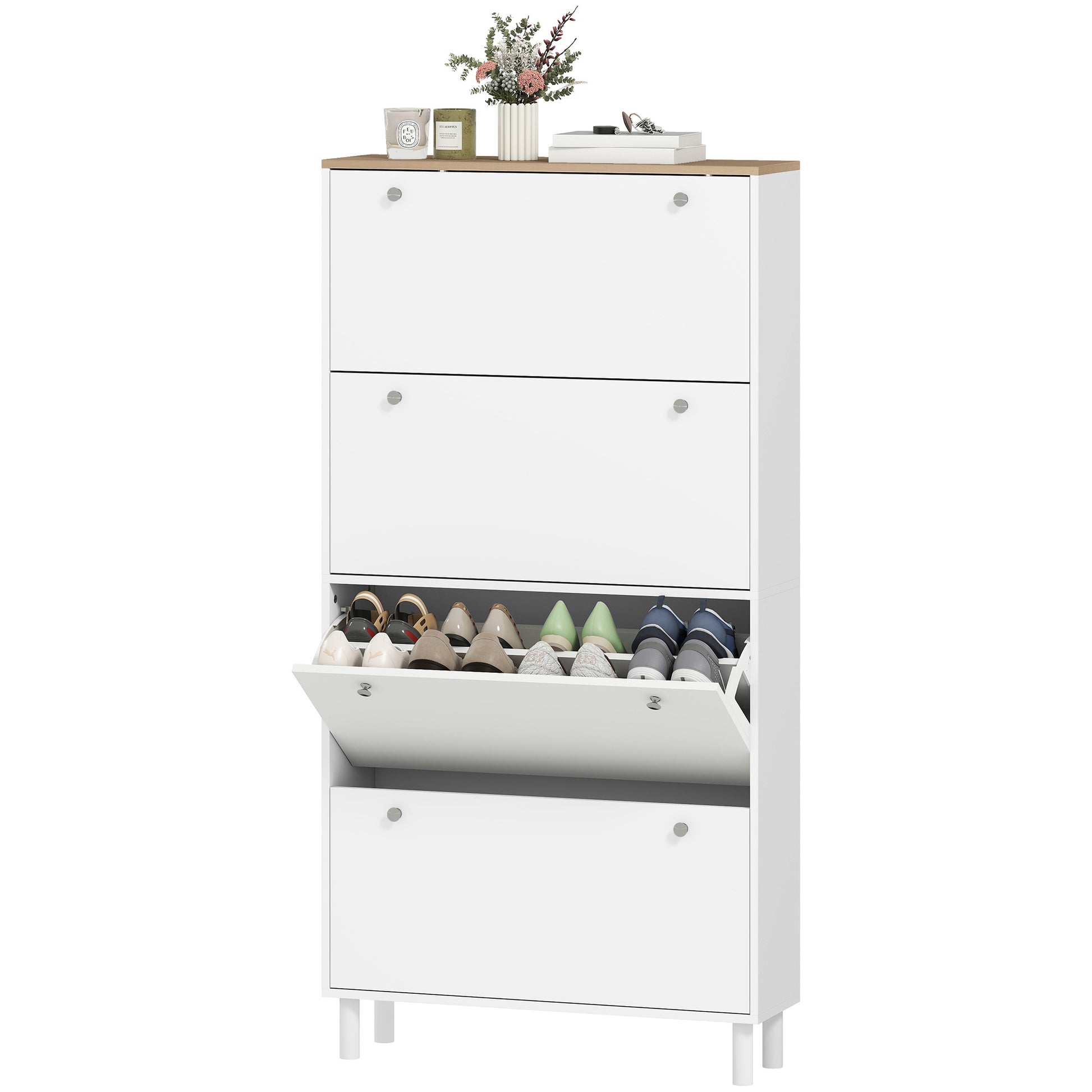 Narrow Shoe Cabinet - 4 Flip Drawers White & Oak Finish-DECOROLALA