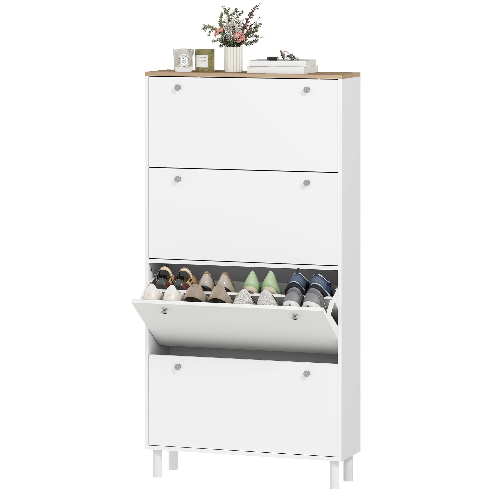 Narrow Shoe Cabinet - 4 Flip Drawers White & Oak Finish-DECOROLALA